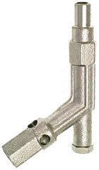 Vernickelte Metallformstéck AMBACH mat engem rechte Wénkel, engem gewuente Steckplaz uewen an enger véiereckeger Motter ënnen.