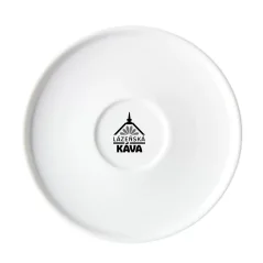 White saucer with a logo