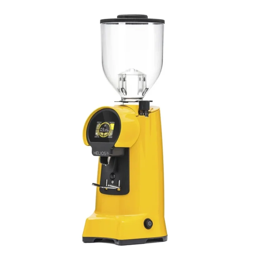 Yellow Eureka Helios 75 electric coffee grinder.