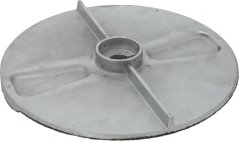 Schleifdisk fir de Gromperekropmaschinn, Usiicht vun der Metall-Récksäit mat Kräizverstäerkungen an engem Nabel an der Mëtt. Schleifdisk fir de Gromperekropmaschinn, Usiicht vun der Metall-Récksäit mat Kräizverstäerkungen an engem Nabel an der Mëtt.