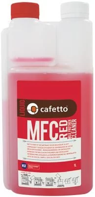 Red cleaning fluid for milk lines in a plastic container with a dispenser and colorful print