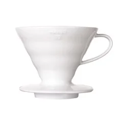 Hario V60-02 ceramic dripper made from white porcelain.
