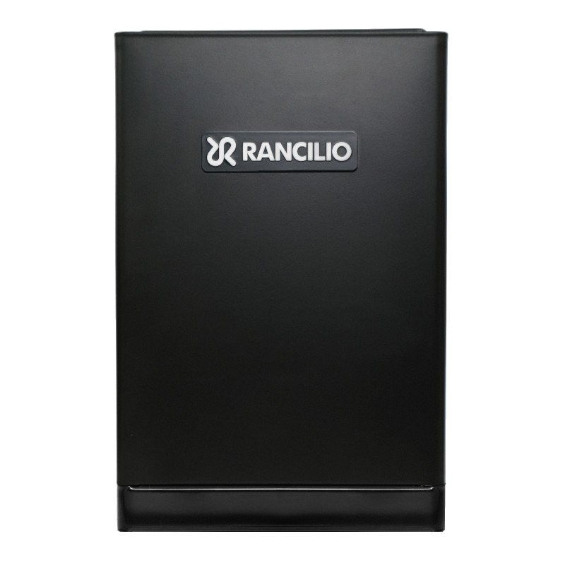The back of a black Rancilio coffee machine.