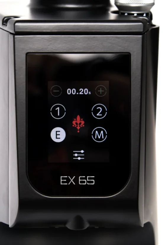 Black electric coffee grinder Eureka Atom Excellence 75 with steel grinding stones.