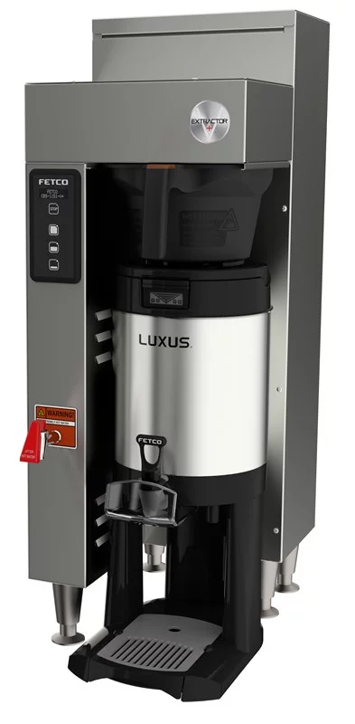 Profesionálny prekapávač kávy Fetco Extractor V+ (CBS-1151) v striebornej farbe, vhodný pre reštaurácie a kaviarne.