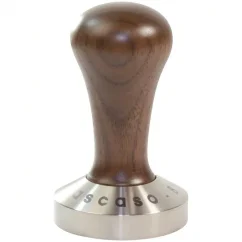 Coffee tamper with a flat 58mm grip made of walnut wood.