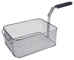 Kuerf fir Friteuse 275x210x110 mm, méi déiwen rechteckege Drotkuerf mat engem Ouer um Rand lénks an engem duebele gebéiten Grëff mat schwaarzem Griff.