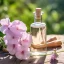 Flacon en verre avec de l'huile essentielle 100 % naturelle de mauve, d'une contenance de 10 ml, convient aux végétaliens.