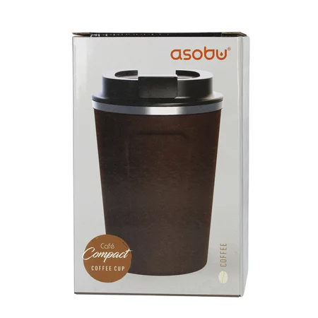 Hnedý termohrnček Asobu Cafe Compact s objemom 380 ml, znovupoužiteľný a ideálny na cestovanie.