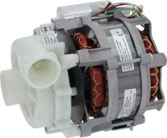 Elektresch Pompel Aristarco mat groem Plastikskierper, wäisse Ustau- an Ausstautstécker an engem Motor Elektresch Pompel Aristarco mat groem Plastikskierper, wäisse Ustau- an Ausstautstécker an engem Motor