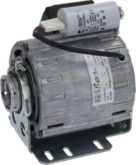 Elektromotor mat enger Clampverbindung an engem zylindresche Kondensator uewen, mat engem rausgefouerte schwaarze Kabel mat Konnektor. Elektromotor mat enger Clampverbindung an engem zylindresche Kondensator uewen, mat engem rausgefouerte schwaarze Kabel mat Konnektor.