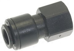 Riicht Stecker JG PM450812E, schwaarze riichte pneumatesche Stecker mat enger Schnellkoupelung op enger Säit an enger Sechseckmutter op där anerer Riicht Stecker JG PM450812E, schwaarze riichte pneumatesche Stecker mat enger Schnellkoupelung op enger Säit an enger Sechseckmutter op där anerer