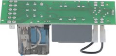 Dräi-Phase elektronesch Plack mat duerchsiichtege Relais mat zwee Poer Klemmen an engem wäisse Steckverbinder mat Kabelen, Usiicht vun der Säit mat der Klemmeleescht
