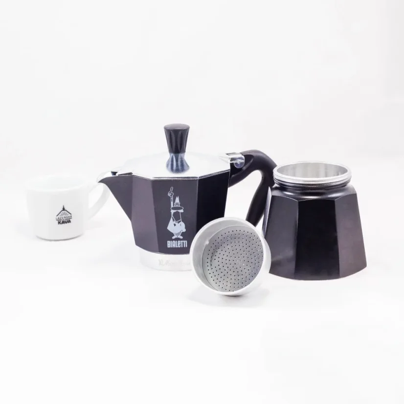 Cafetière Bialetti Moka Express noire pour 6 tasses, adaptée pour le chauffage sur plaque halogène.