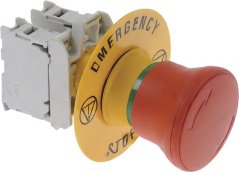 Giel-roude Pilz-Drockknapp-Set fir Entriegelung ⌀40 mm, mat enger dréibarer Entrigelung an engem Schaltblock hannen.