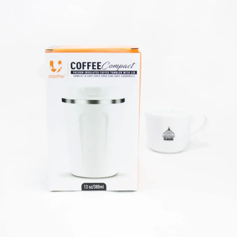 White Asobu Cafe Compact thermal mug with a 380 ml capacity, ideal for travel.