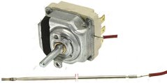 Thermostat mat Metallgehäus, dréibarer Well, Stëftanschlëss an enger laanger Kapillärleitung mat Sond