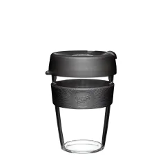 Black plastic thermal mug with a rubber holder