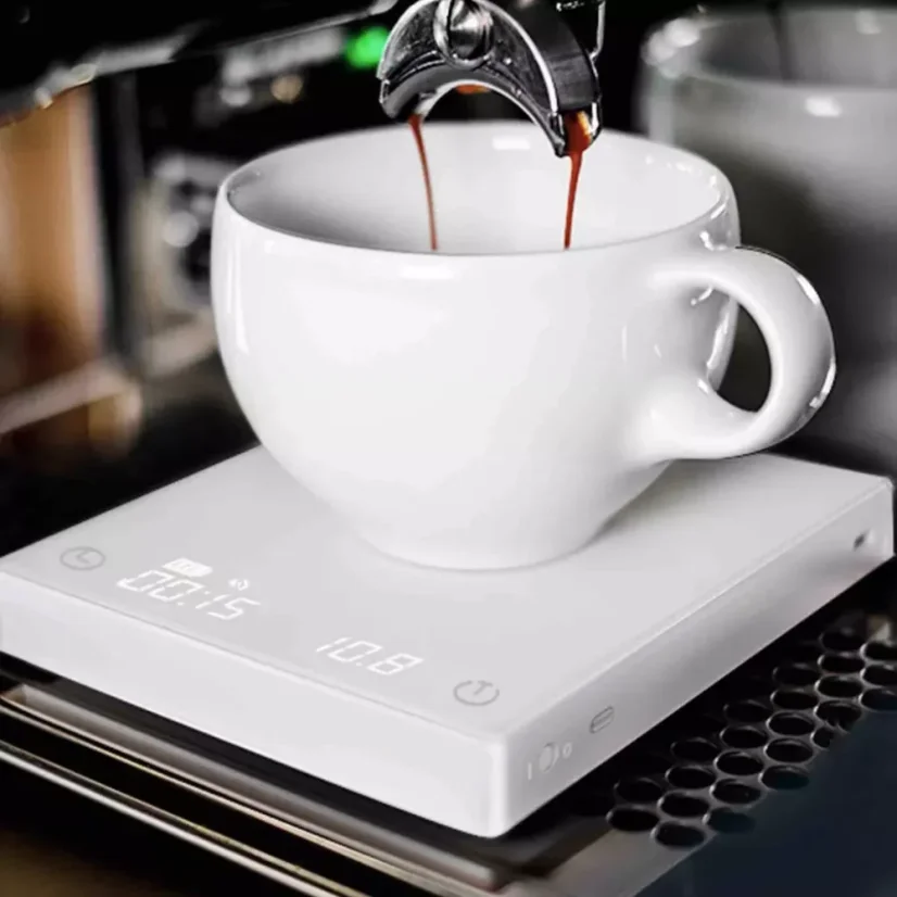 White digital scale Timemore Basic Plus for baristas.