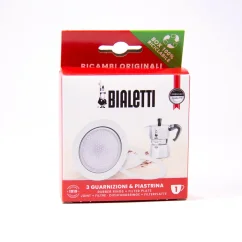 Zestaw trzech uszczelek i jednego sitka aluminiowego marki Bialetti, odpowiedni do moka dzbanka Bialetti Fiammetta.