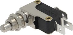 Endschalter mat engem gewuente Metallspant an engem Montagehalter mat zwou Schrauwen.
