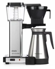 Filtered coffee maker with stainless steel carafe, side view