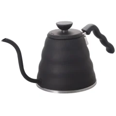 Black Hario Buono kettle with a goose neck, 1.2 liter capacity, made of plastic.