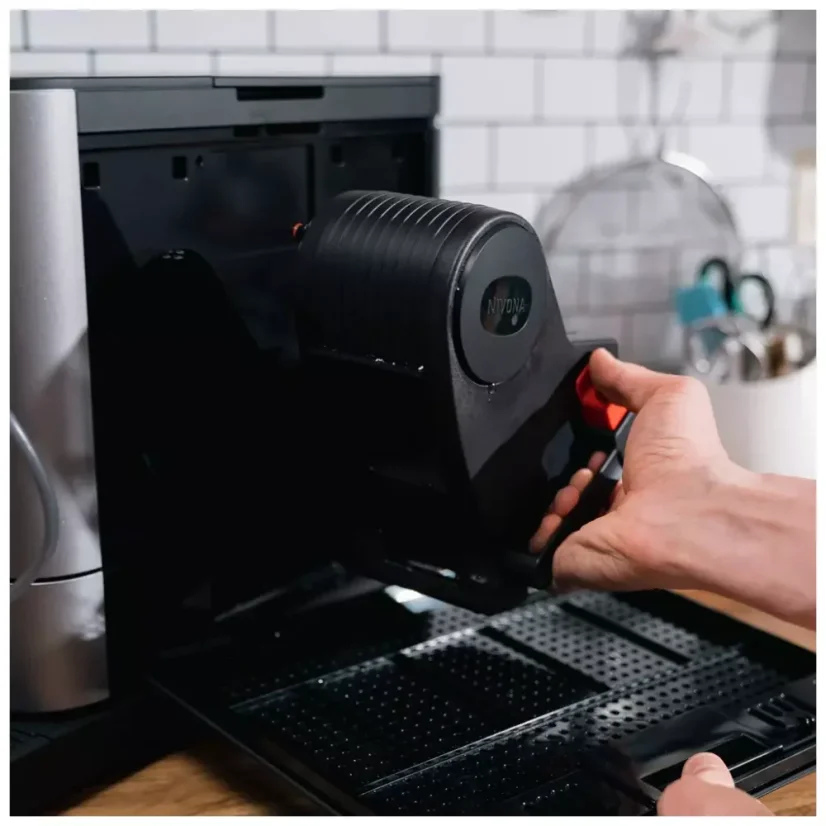 The Nivona NIVO 8103 automatic coffee machine in matte black and titanium finish is made with steel grinding stones that ensure high-quality coffee grinding.