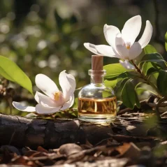 Aceite esencial de magnolia en frascos de 10 ml, con una suave fragancia floral para aromaterapia.