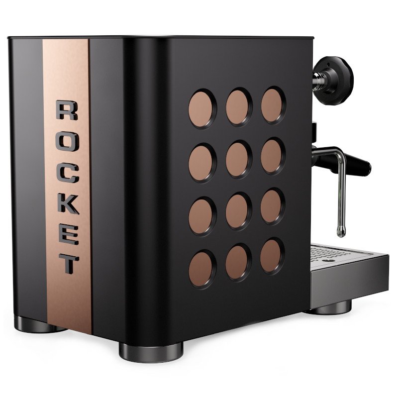 Espressor manual pentru acasă Rocket Espresso Appartamento TCA, negru/cupru, văzut din spate.