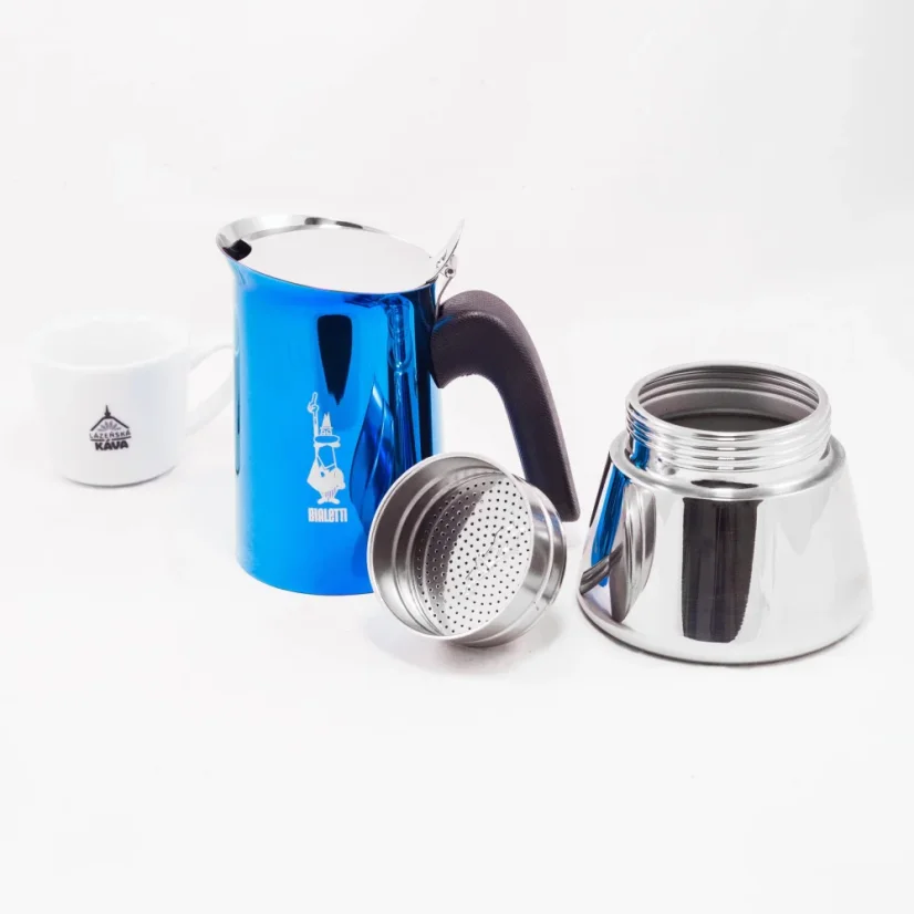 Moka kanna Bialetti New Venus Blue 6 csészére, alkalmas üvegkerámia fűtési forráshoz.