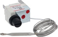 Eenphase-Thermostat mat wäisse Kierper, schwaarze Bedéngungsknäppchen an enger opgerollter Kapillar mat Sonda.