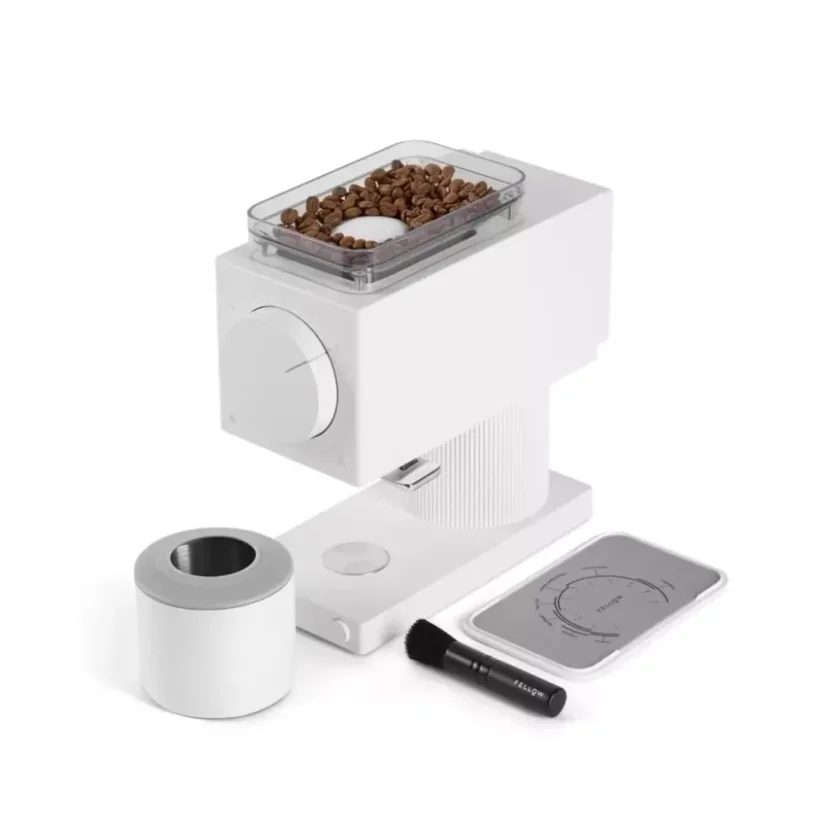White Fellow Ode Brew electric coffee grinder on a white background, side view