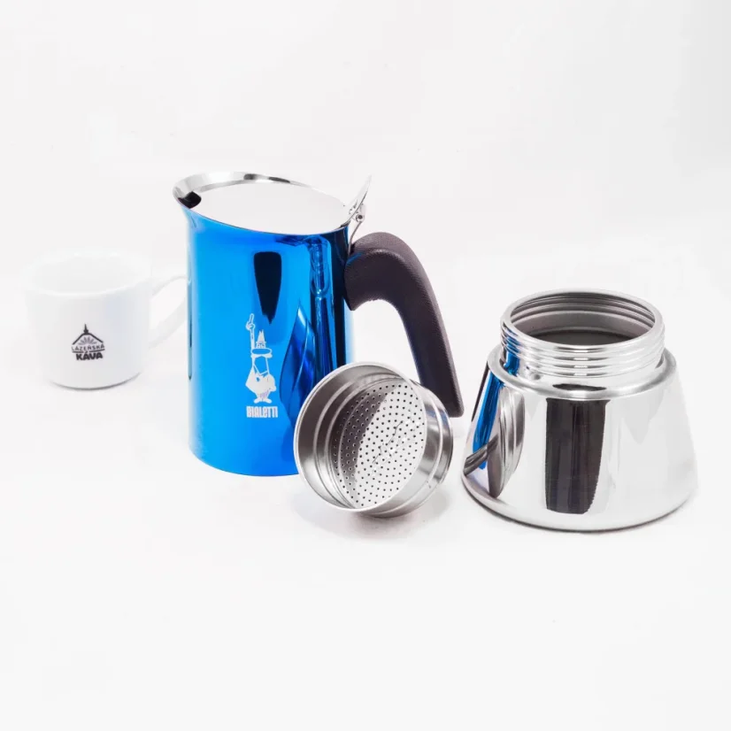 Cafetière Moka Bialetti New Venus Blue pour 6 tasses, adaptée pour la source de chauffage vitrocéramique.