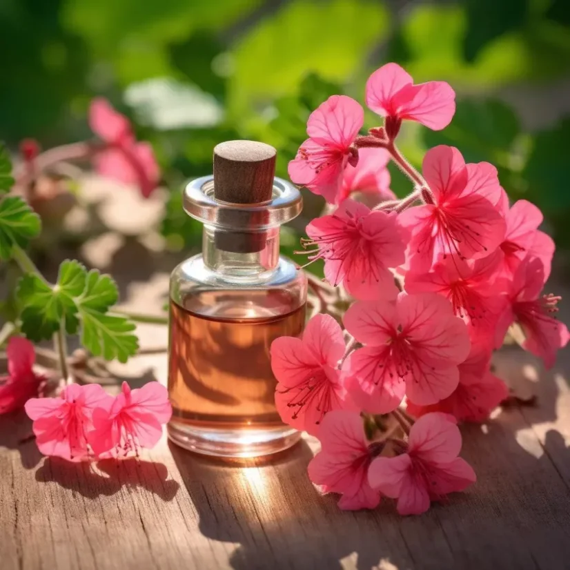 Bottle with 10 ml of 100% natural essential oil of Pink Geranium that supports digestion.