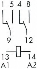 Uschloossschema vum Relais mat zwee Wiesselkontakter an enger Spull A1–A2.