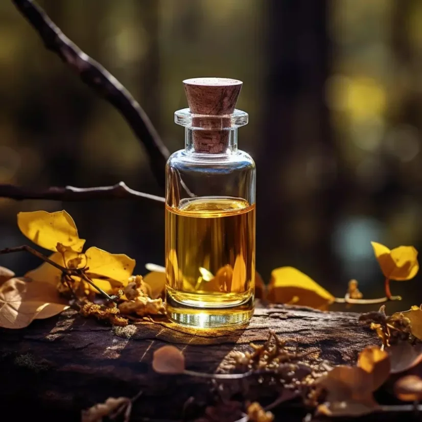 Sklenená fľaštička s 10 ml 100% prírodného esenciálneho oleja, vhodného pre vegánov.