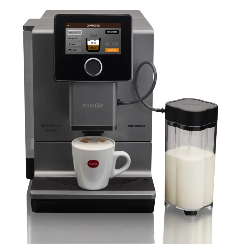 Nivona NICR 970 coffee machine from the category of home automatic coffee machines, allowing the preparation of cappuccino at the touch of a button.
