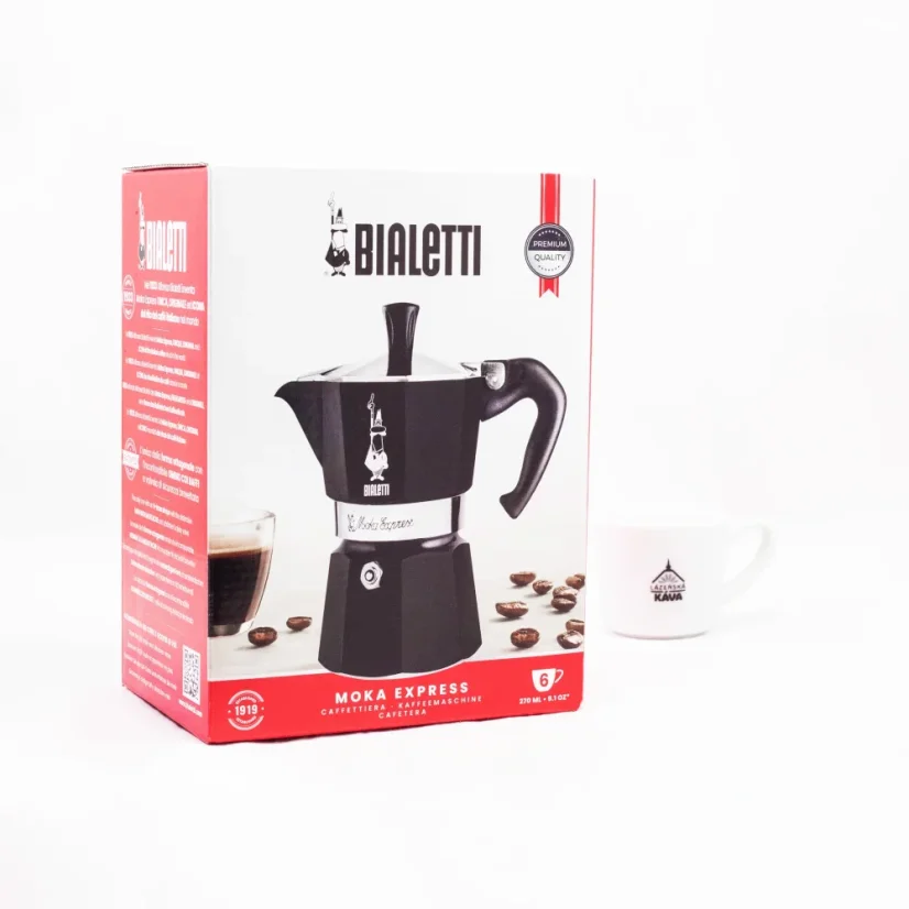 Cafetière Moka Bialetti Moka Express pour 6 tasses dans un élégant coloris noir, idéale pour la préparation d'un espresso fort et aromatique.