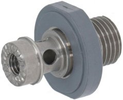 Pin vum Heizungsrad, grauen Plastikflansch mat dräi Lächer an engem geriwwelte Metallpin an der Mëtt.