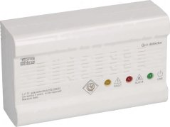 LPG-Leck-Detektor SE230K-G, wäiss Plastikkëscht mat Kontrolluuchten Fault, Alarm a Line an engem Luetsprecher-Gitter.