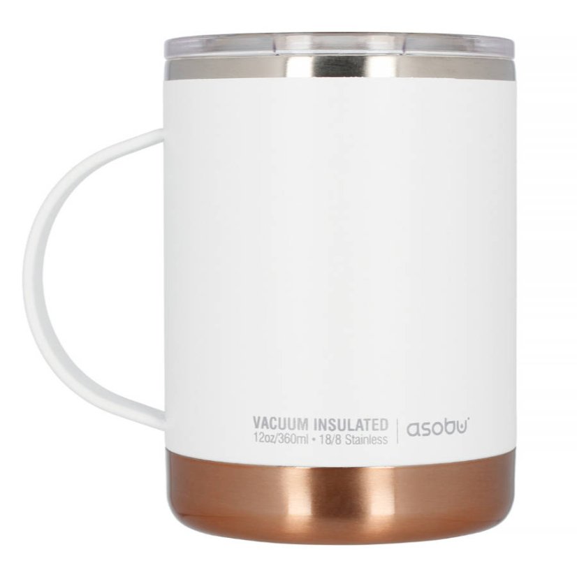 White insulated mug with a capacity of 360 ml and double-wall insulation, perfect for travel.
