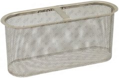 Ovale Inox-Netz-Sammelfilter mat engem Grëff uewen.