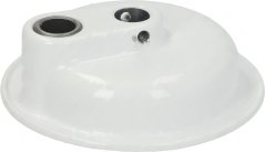 Wäiss Plastikstëtz (fir de Wäissbehälter, Ø 95 mm) an ovaler Form mat zwee ronnen Lächer mat Metallrand uewen.