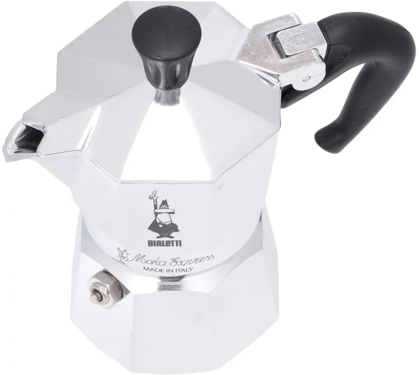 Silver Bialetti Moka Express pot for 3 cups on a white background, side view
