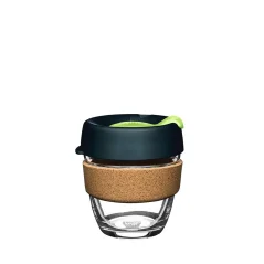 Glass KeepCup travel mug with a capacity of 227 ml, featuring a black lid and cork holder on a white background