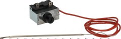 Eenzelphasen-Thermostat 335°C, mat Metallkëscht, schwaarzem Dréiknäppchen an enger laanger rouder Kapillar mat Sonde