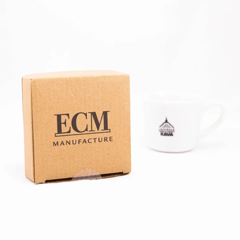 Original packaging of ECM filling funnel with coffee in the background.