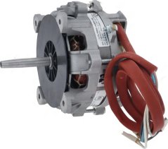 Eenphasen-Elektromotor mat schwaarzem Ventilatorgehäis, Montageflansch an engem Draht-Bündel
