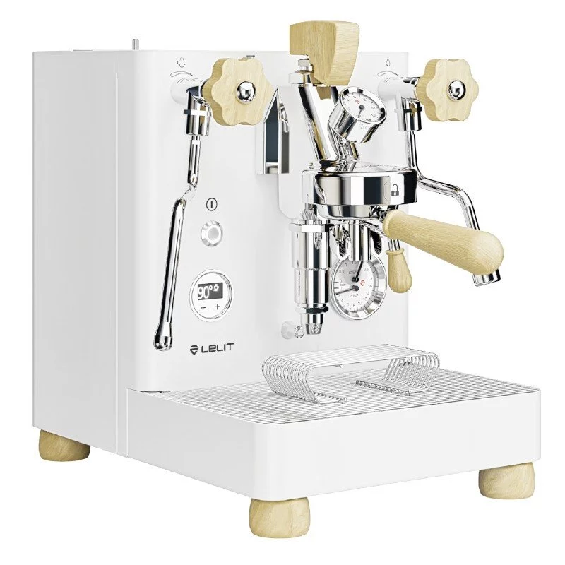 Machine à café à levier domestique en acier inoxydable au design élégant blanc.